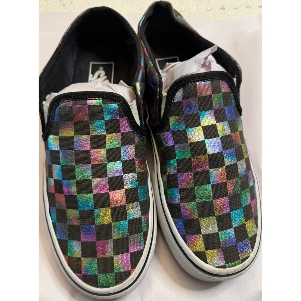 Vans Classic Slip-On Iridescent Rainbow Checkerboard Sneakers Womens 8 Low Top